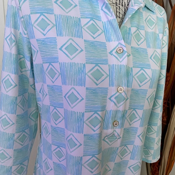 New Ikat Geometric Colorful Shirt Tee Button 3/4 sleeve Shift Sheath Pastel Mint - Picture 2 of 5
